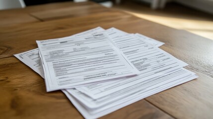 Stack of paperwork on wooden table.