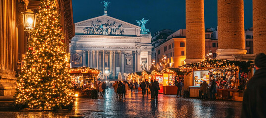 Obraz na płótnie Canvas Christmas market illuminating piazza colonna in rome at twilight