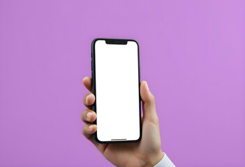 Hand of man holding smartphone with mock up screen and cashback application over purple background. Concept of online banking and money refund policy