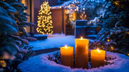 A partially obscured advent wreath highlighted by three lighted candles in a patio during nighttime creates a cozy atmosphere. The wreath is surrounded by Christmas decorations