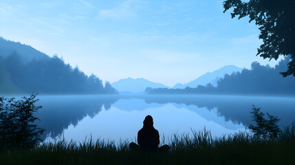 A woman looking out over a peaceful lake at dawn, with mist rising from the water and mountains in the distance. Peaceful lake view at dawn.