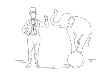 Circus host and elephant on ball. Night market concept one-line drawing