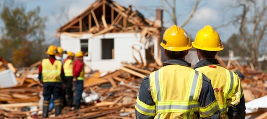 Emergency Response Team In Yellow Safety Vests Assessing Damage After Devastating Natural Disaster