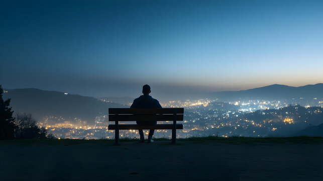 A lone traveler sitting on a bench overlooking a city at night, with lights twinkling in the distance and a relaxed, peaceful atmosphere. Traveler gazing at city lights at night.