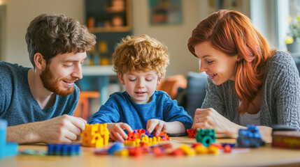 Fototapeta premium Happy family playing with colorful educational toys at home