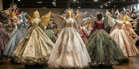 Fototapeta premium Wide shot of multiple angel tree toppers displayed in a store, each one featuring different designs, gowns, and color accents.