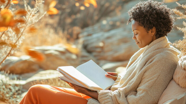 Young writer taking notes in notebook in peaceful autumn setting