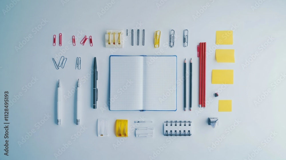 Aufkleber colorful office supplies including pens, pencils, and sticky notes are neatly arranged around an emp