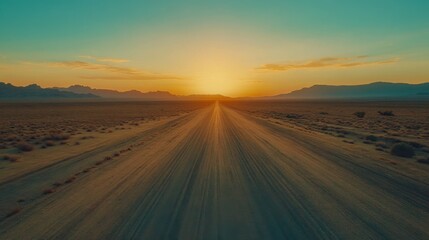 Fototapeta premium Empty desert road stretching into the distance, sunset colors, vast open landscape, sense of adventure and freedom, lonely and peaceful, endless horizon, open skies.