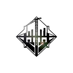 Construction Icon: A striking and modern logo design featuring a crane, buildings, and a geometric diamond shape, representing growth, development, and progress. Perfect for construction companies.
