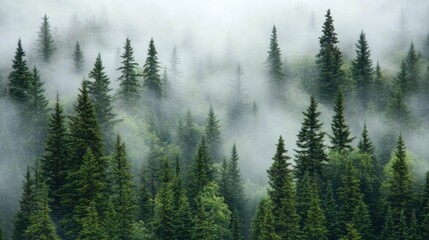 Foggy evergreen forest, tall trees, misty atmosphere, cool colors, serene and quiet, natural landscape, mysterious mood, sense of solitude, peaceful setting.