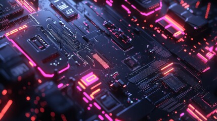 Fototapeta premium Close-up of a circuit board with a neon glow; symbolizing tech innovation, hardware, and electronic advancements.