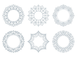 Set of decorative frames Elegant vector element for design in Eastern style, place for text. Floral gray and white borders. Lace illustration for invitations and greeting cards.