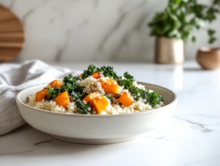 A bowl of couscous with kale and butternut squash on a marble surface.