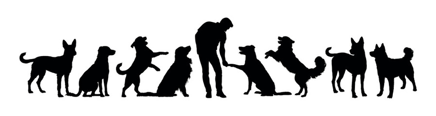 Man playing with group of dogs black silhouettes set on white background.