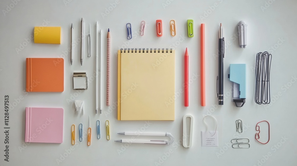 Poster various office supplies including pens, pencils, sticky notes, and paper clips are neatly arranged o