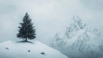 Obraz premium Lone tree on snowy hilltop, majestic mountain background, winter scene.
