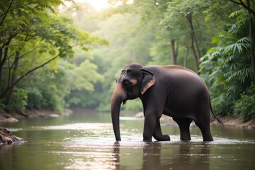 Fototapeta premium Majestic Elephant Walking Through a Serene River with Lush Greenery and Soft Light Enhancing the Natural Beauty of Wildlife in Its Habitat