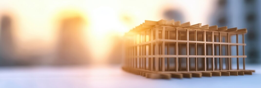 A detailed wooden architectural model displayed in soft sunlight, highlighting the intricacies of design and the beauty of structural creativity in modern buildings.