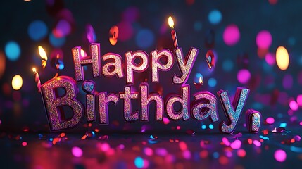 A magical multi-layered kirigami pop-up card, with each layer forming the letters of "Happy Birthday," glowing metallic edges, intricate patterns, and vibrant confetti accents, hd quality,