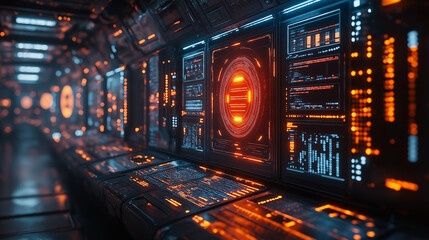 Futuristic Control Room: A mesmerizing view of a futuristic control room with glowing interfaces and intricate machinery. The orange and blue hues create a sense of technological advancement.