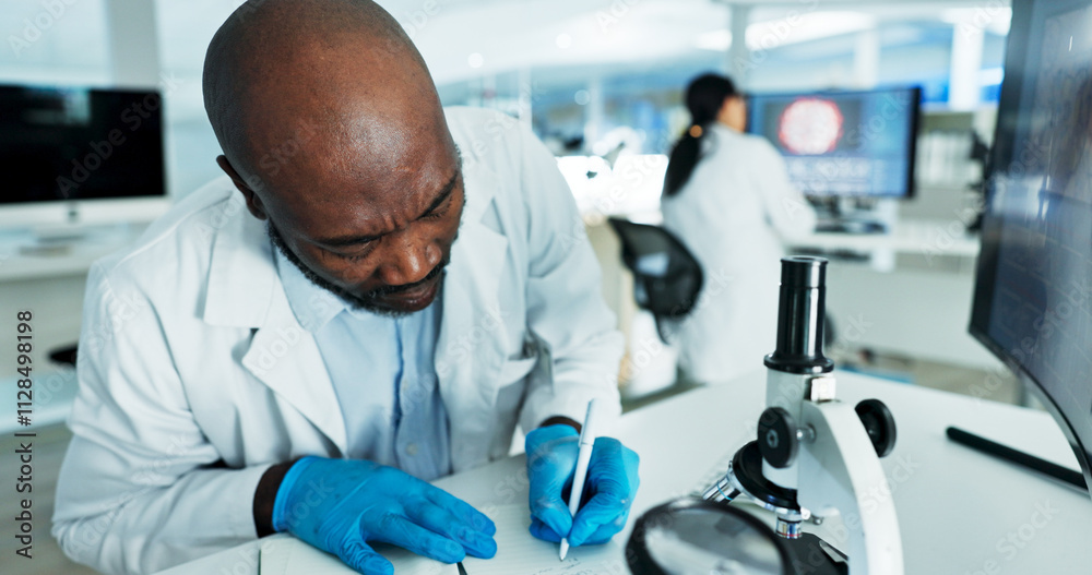 Poster scientist, man and writing for research, notes and experiment results or medical information. clipbo