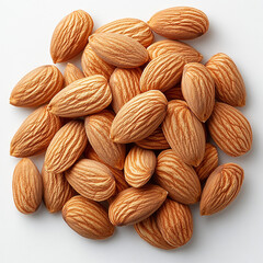Fototapeta premium Almonds with leaves isolated on a white background, Almond nuts in white bowl isolated on a beige background. Minimal flat lay style. Top view, copy space. 