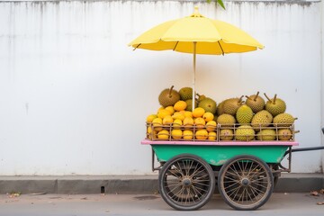 Colorful fruit cart vendor with vibrant yellow umbrella showcasing a variety of tropical fruits including durians and lemons against a clean white wall background