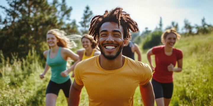 Athletes happily run together outdoors in a park, enjoying the benefits of exercising in nature. Smiling, energetic, and motivated, they blend sportswear with the vibrant landscape - Powered by Adobe