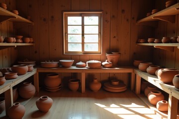 Pottery Workshop Interior with Shelves Displaying Various Clay Pots and Natural Light Illuminating the Space