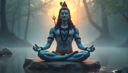 Lord Shiva in a serene meditation at jungle.