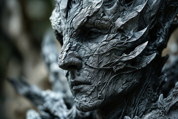 Obraz premium Detailed close-up of weathered stone sculpture face with textured surface showing intricate leaf patterns and mystical expression, artistic monument in dark metallic finish