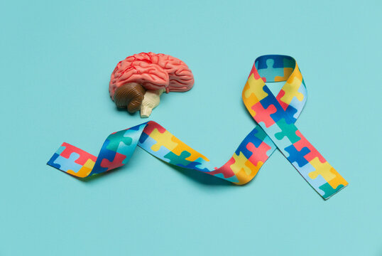 World Autism awareness and pride day. Anatomical model human brain with Puzzle pattern ribbon on blue background.