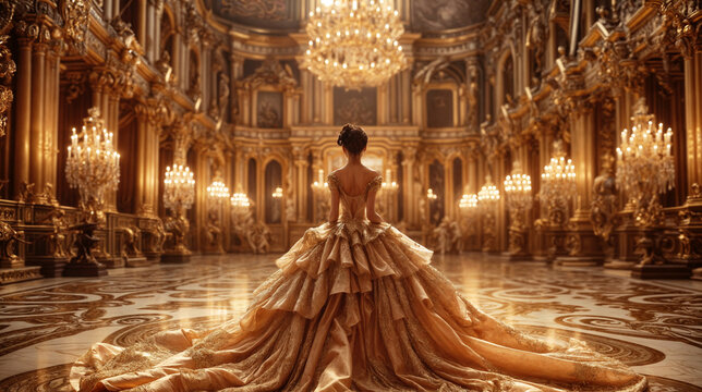 Young woman in luxurious golden ball gown standing alone in opulent baroque ballroom with crystal chandeliers and ornate gilded details, rear view dramatic lighting