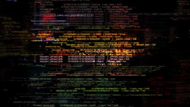 Software source hacking Technology, coding, programming Virus, computer protection, cyber attack, antivirus, virtual space. Program security code. Data flow distortion glitch effect Fatal error glitch