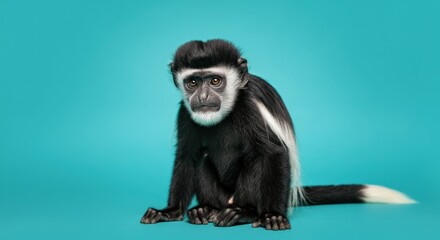 Fototapeta premium Captivating colobus monkey on vibrant teal background for wildlife enthusiasts