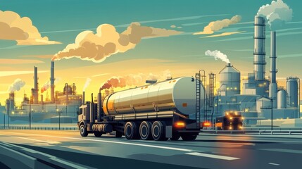 Tanker truck drives past refinery at sunset. Illustrates petroleum transport and industrial processes.
