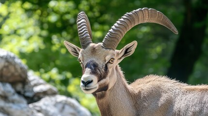 Fototapeta premium Amidst the verdant slopes of Chartreuse, where spring's embrace awakens nature, agile ibex roam freely. Beneath the towering pines, their nimble hooves traverse the rugged terrain