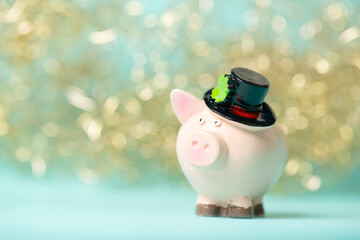 Lucky pig with shamrock, celebrate happy new year, bokeh lights, good luck wishes, background, greeting card or banner © Berit Kessler