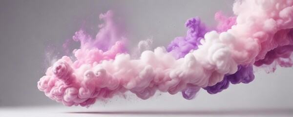 Fototapeta premium Swirling white, pink and purple smoke dispersion against white backdrop, mist, pastel, vibrant, floating