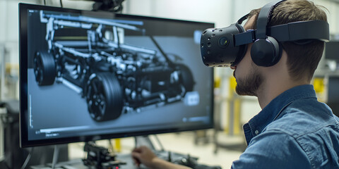 Technician Analyzing 3D Car Design on Computer with VR Headset