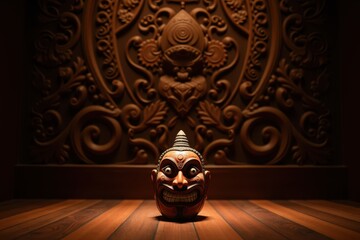 Stunning Thai Art Mask Displayed Against Intricate Wooden Carving, Showcasing Rich Culture and Craftsmanship in Traditional Design and Vibrant Colors