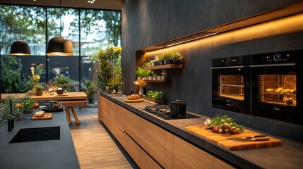 modern kitchen with built in oven and wooden furnitur