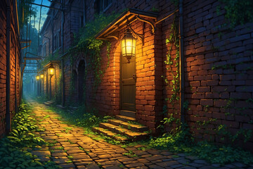 Obraz premium Narrow mossy brick alley, cracked walls, antique lanterns glowing dim yellow on wet path, vines draped romantically, in anime style