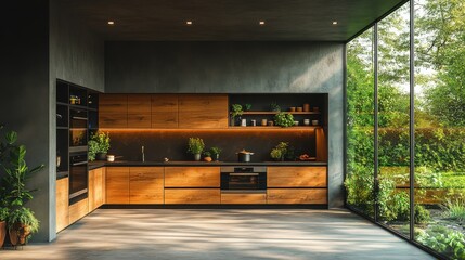 modern kitchen with built in oven and wooden furnitur