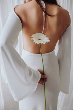 beautiful back of girl in open long white dress holds white gerbera flower in her hands. clean well-groomed skin, care and love for yourself, aesthetic photo on white background, faceless