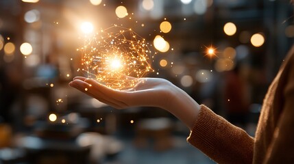 Digital transformation strategy innovation growth concept. A hand holds glowing sparks, creating a magical atmosphere in a blurred background of lights and colors.