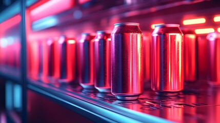 Obraz premium Aluminum beverage cans under vibrant neon lighting