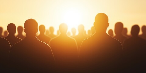 Silhouetted figures stand together against a beautiful sunset, embodying unity and companionship in a stunning moment full of warmth and shared experiences.