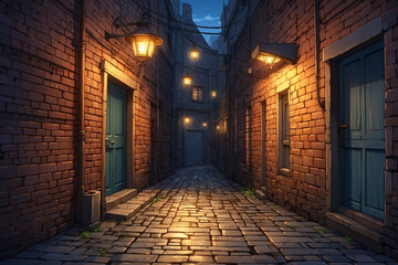 Fototapeta premium Narrow alley with rough gray brick walls, golden bulb lights, wet cobblestones reflecting glow, door ajar with warm light, in anime style
